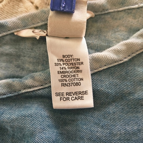 Womens Blue Boho Chambray Tank Top Large Crochet Lace Fringe Festival Coastal - Picture 5 of 10